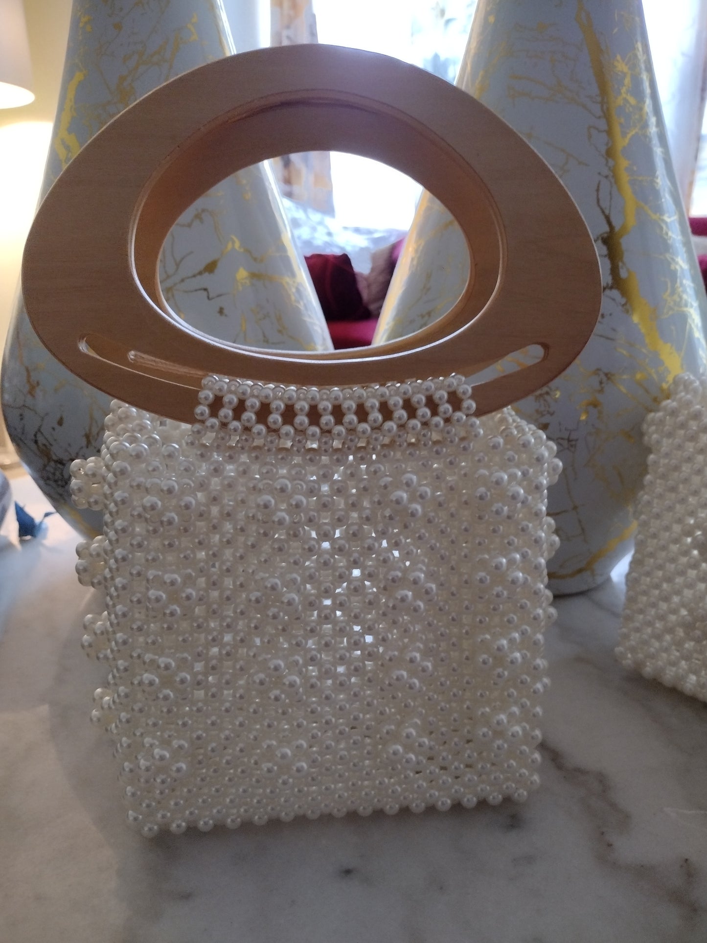 UNIQUE FAUX-PEARL CLUTCH WITH WOOD HANDLE
