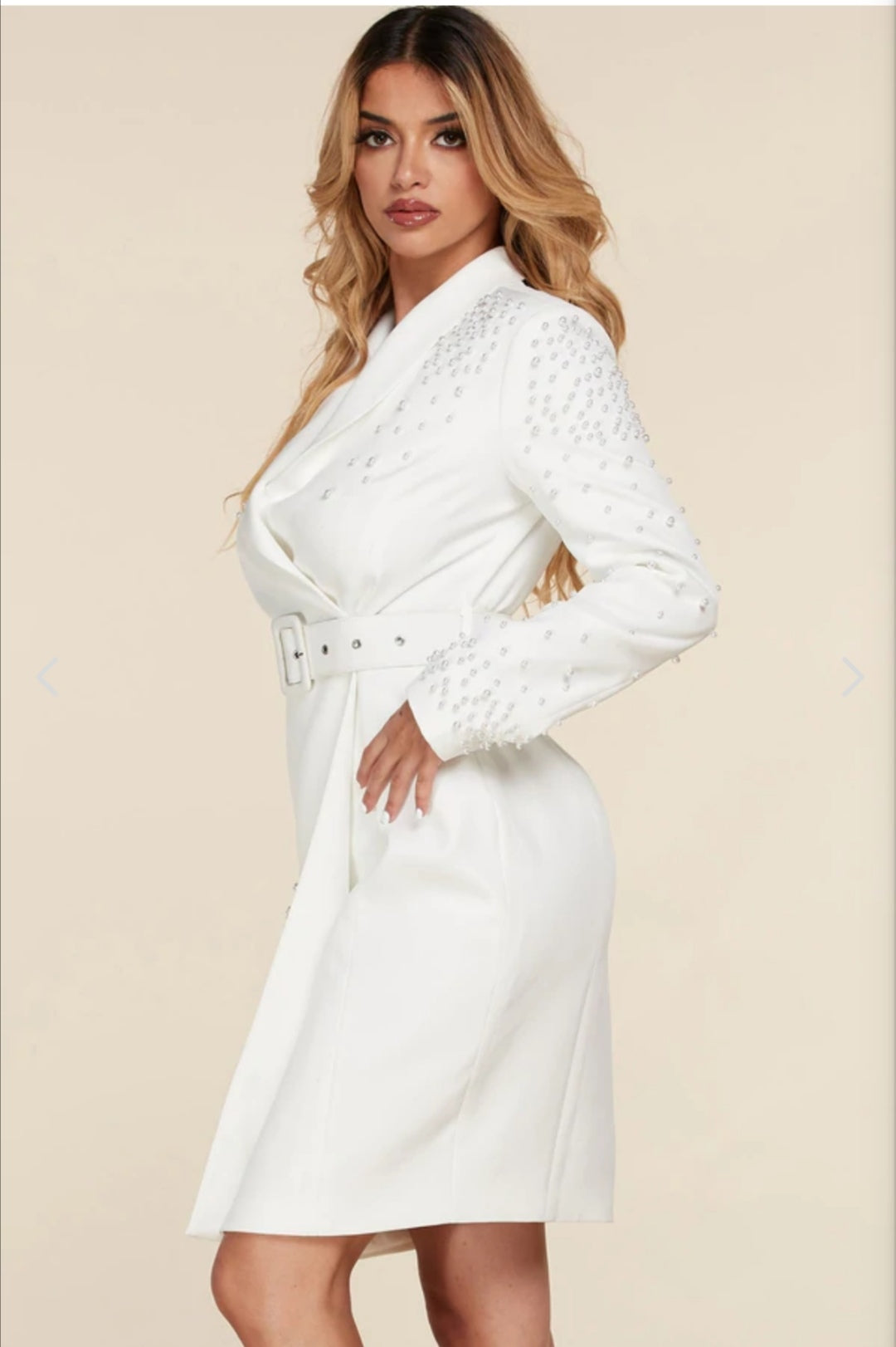 WHITE PEARL BEAD DETAILED BLAZER DRESS