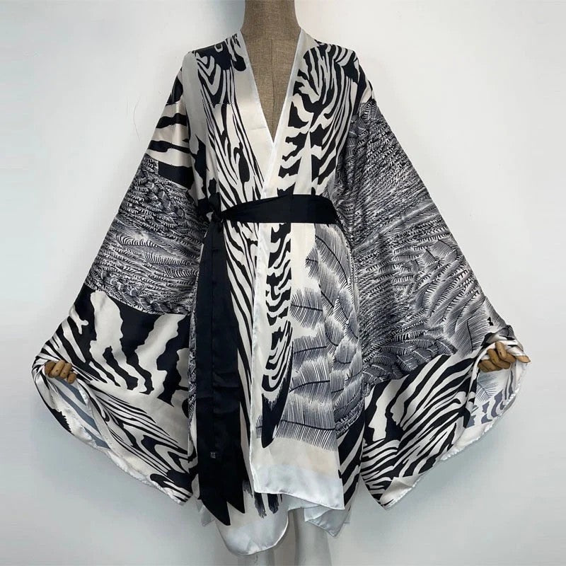 ZEBRA STRIPED BLACK AND WHITE KIMONO DRESS (long and short length)