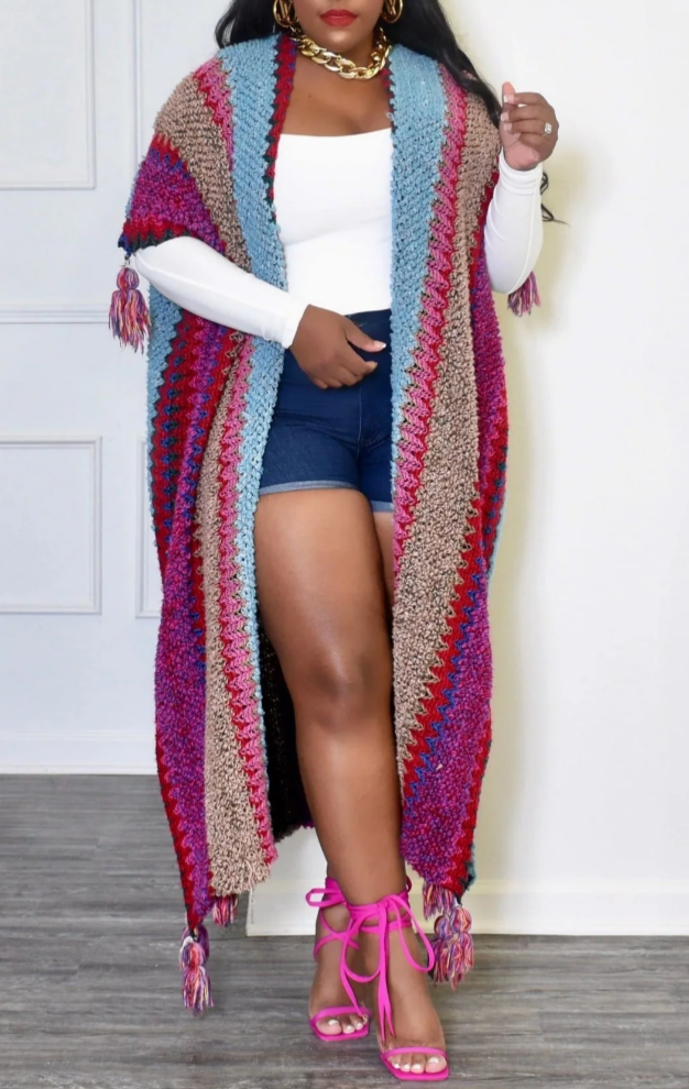 Fringe Soft Cardigan In Multicolor-Gray-Pink