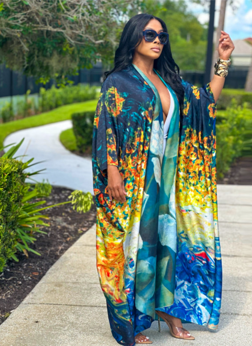 Large Flower Print Kimono Dress In Blue