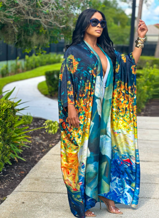 Large Flower Print Kimono Dress In Blue