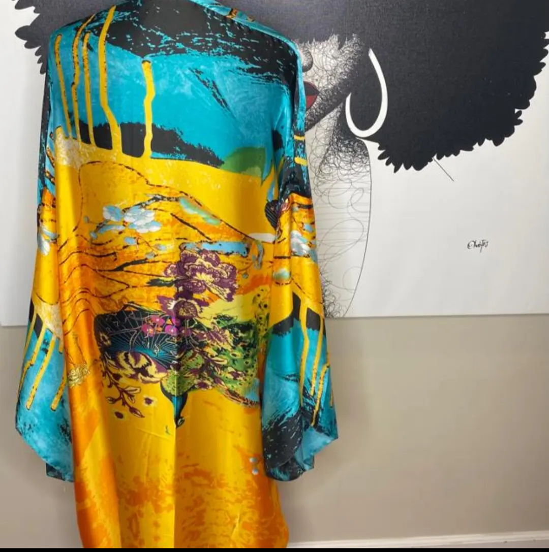 R.A Kimono Dress In Yellow And Blue