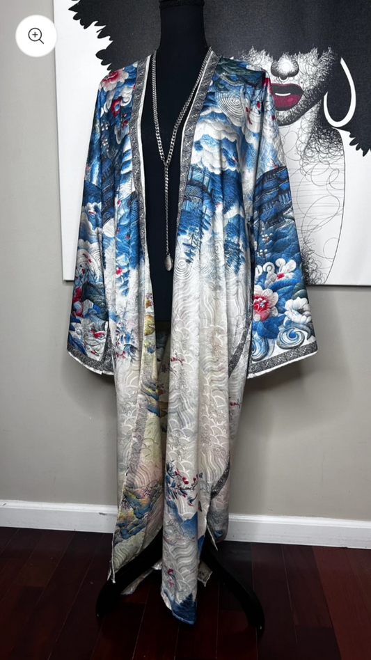 R.A. Kimono Dress In Blue-Off-White