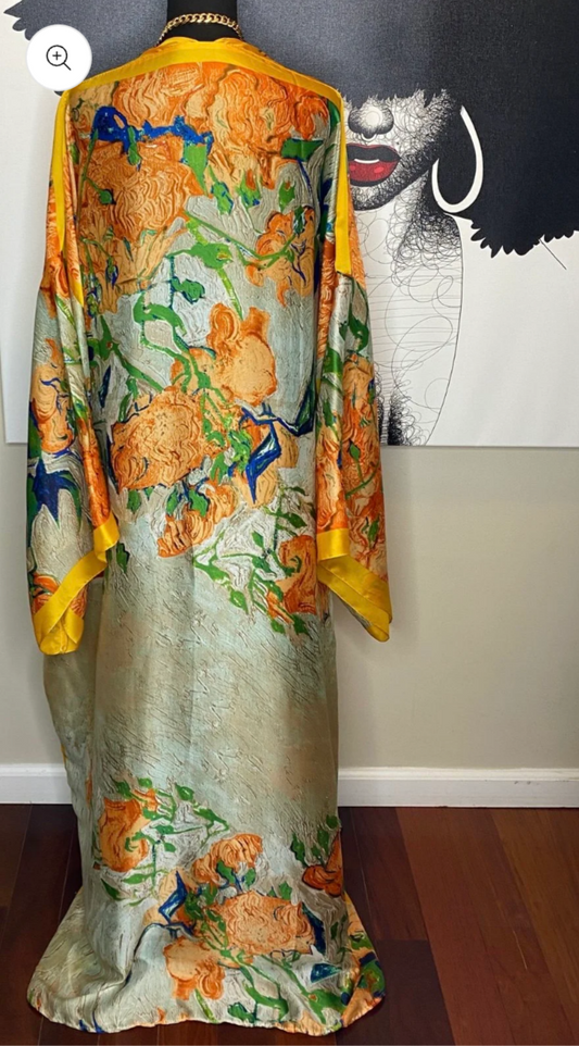 Large Flower Print Kimono Dress In Yellow