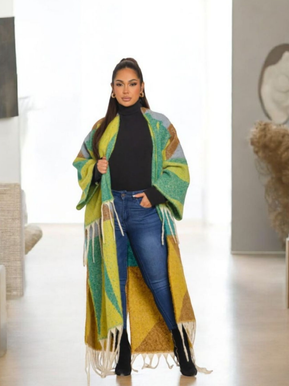 Multicolor Geometric Tassel Cardigans