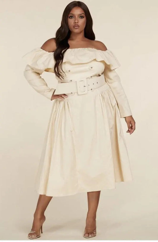 FIRST LADY KAKI OFF-SHOULDER DRESS