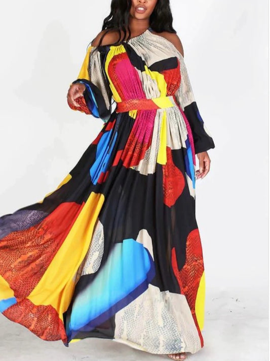 MIA COLOR SPLASH OFF SHOULDER MAXI DRESS