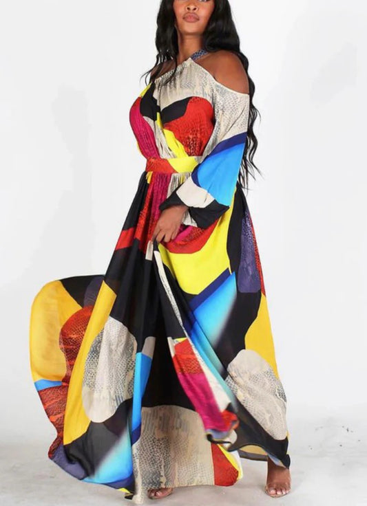 MIA COLOR SPLASH OFF SHOULDER MAXI DRESS
