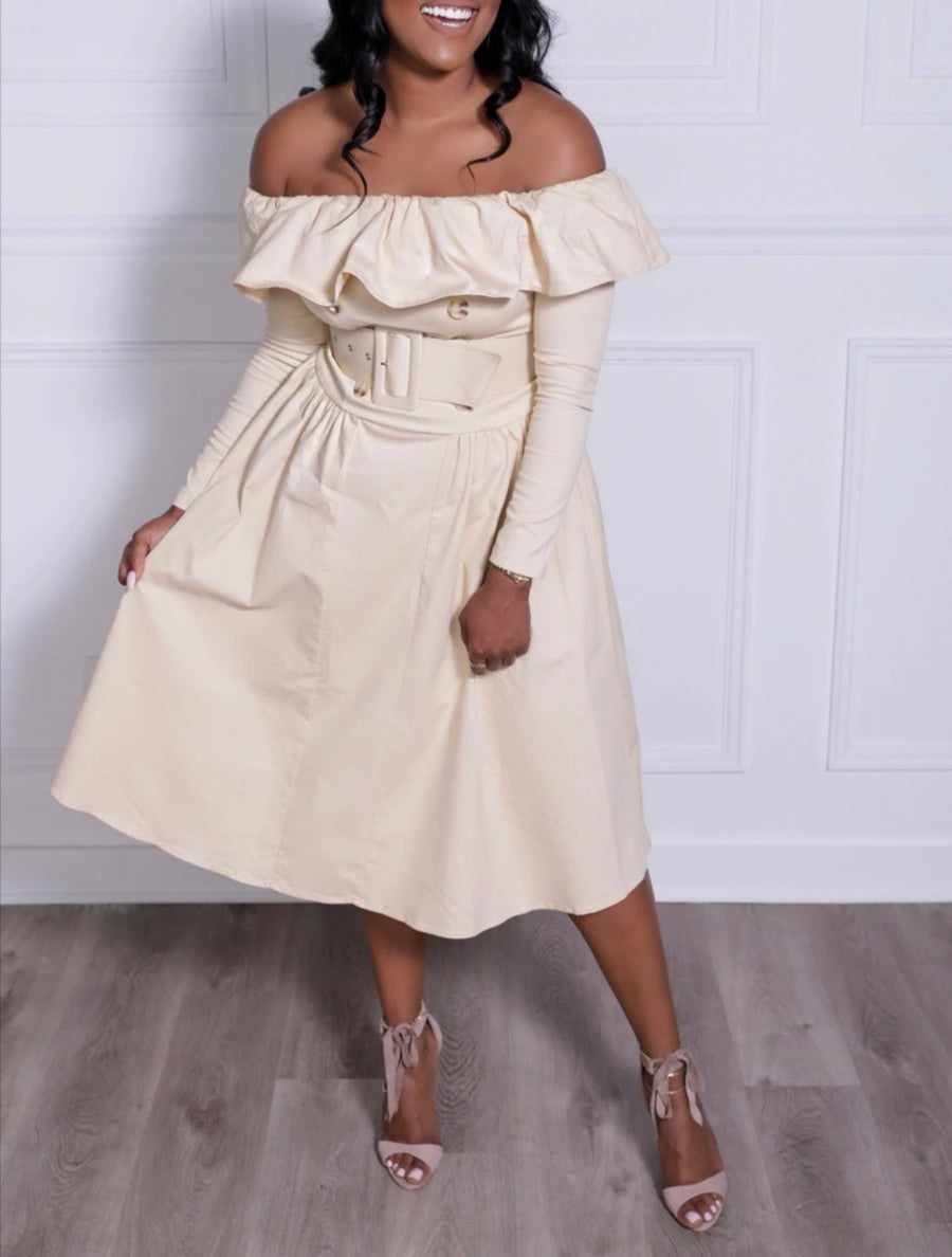 FIRST LADY KAKI OFF-SHOULDER DRESS