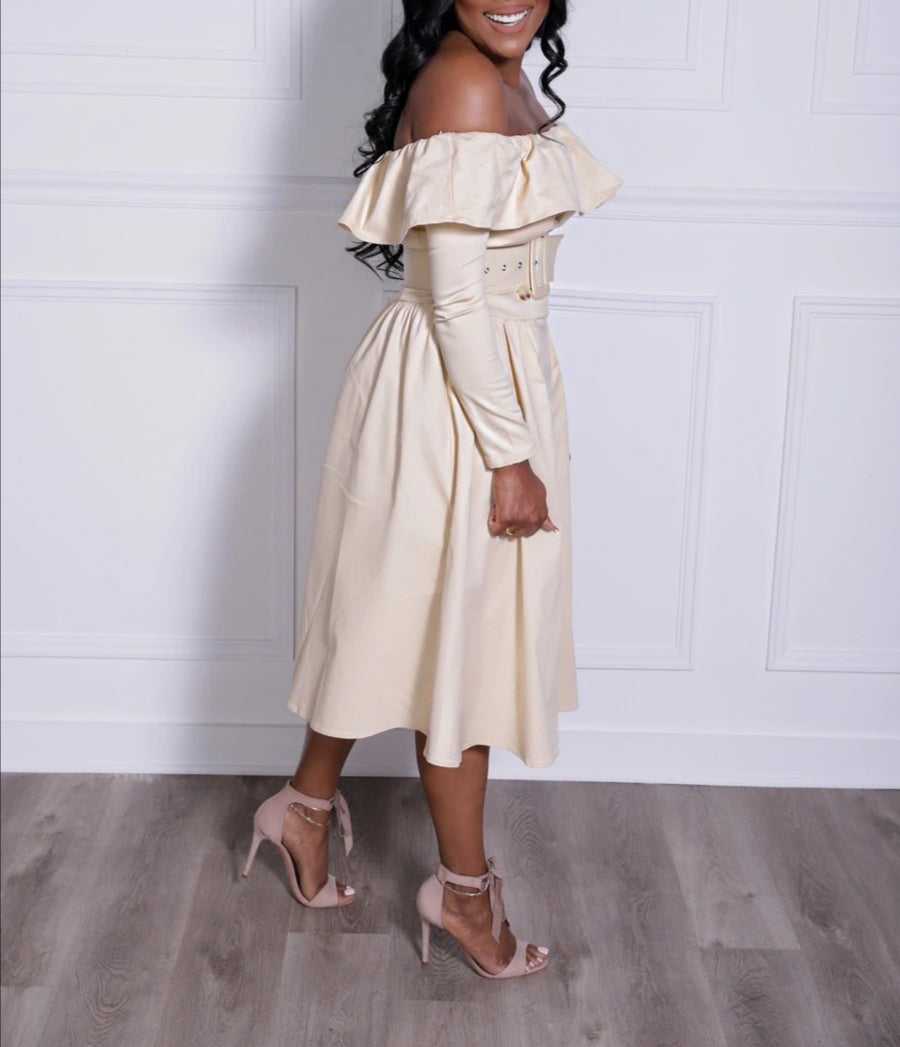FIRST LADY KAKI OFF-SHOULDER DRESS