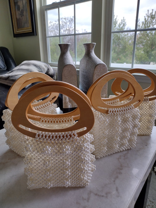 UNIQUE FAUX-PEARL CLUTCH WITH WOOD HANDLE