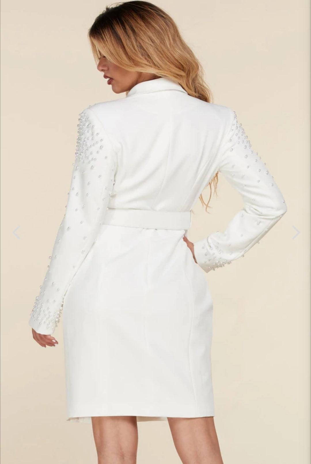 WHITE PEARL BEAD DETAILED BLAZER DRESS