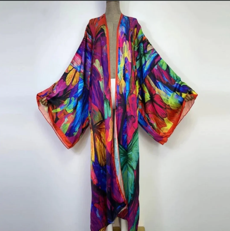 LUXURIOUS BUTTERFLY PRINT VIBRANT COLOR KIMONO DRESS
